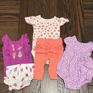 Girls Floral & Ruffle Baby Outfit Bundle - White, Coral, Purple